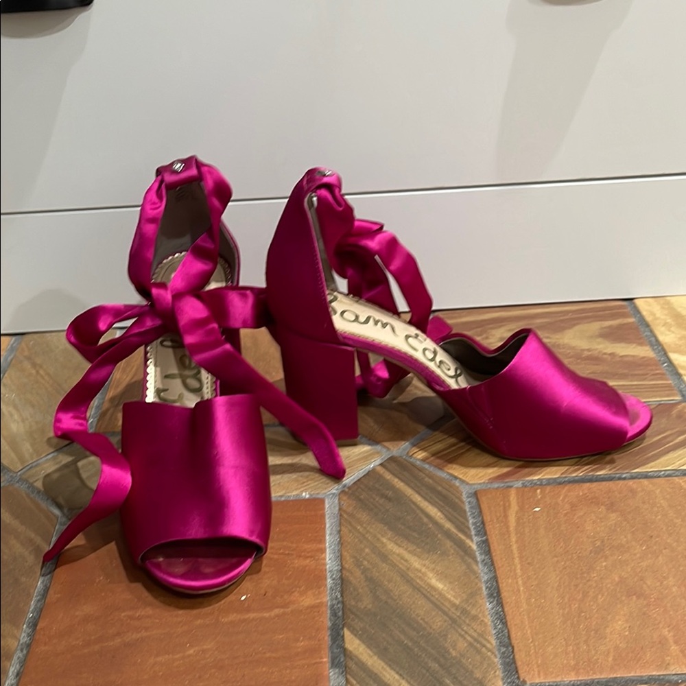 Sam Edelman Pink Satin Heels ribbon tie strap